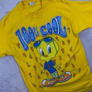 Looney Tunes Women T-Shirt L Yellow Vintage 1997 Tweety Bird 100% Cool USA Made